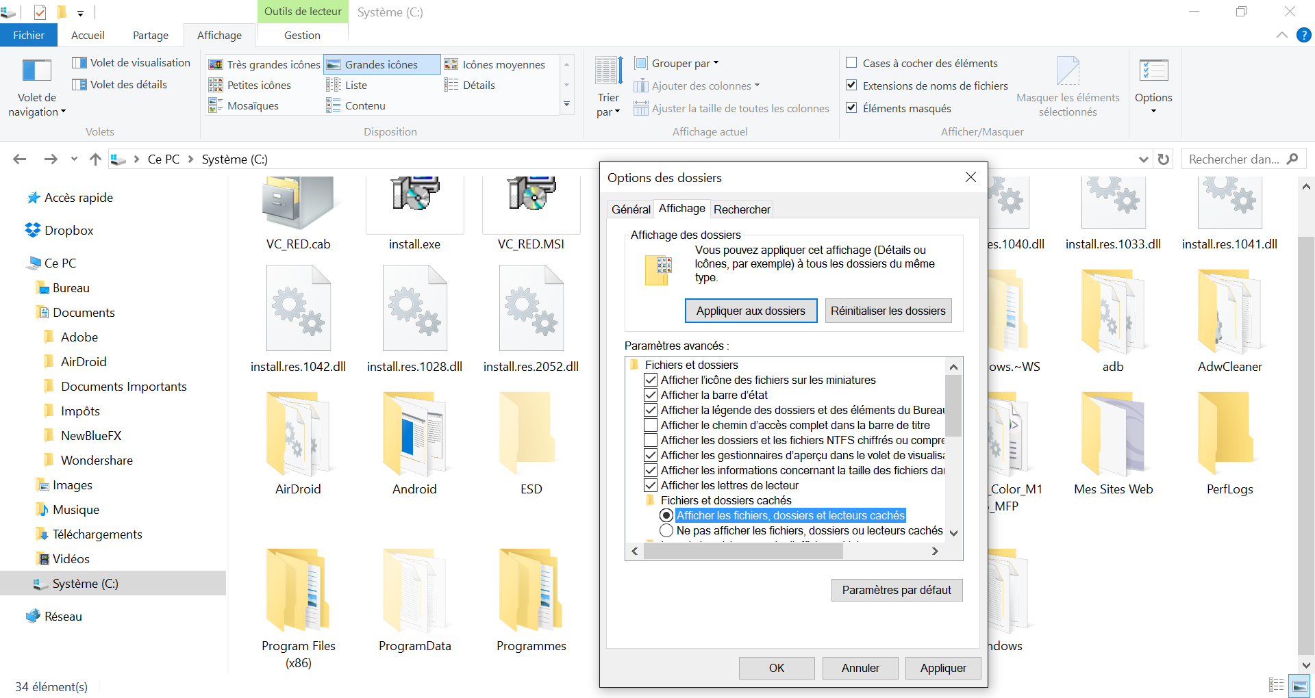 afficher fichiers caches windows