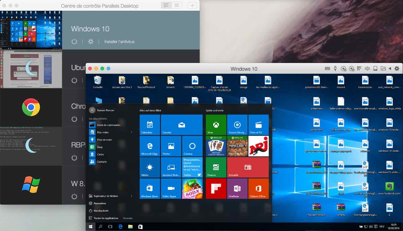 Vue d'ensemble de Windows 10 tournant sur Parallels Desktop