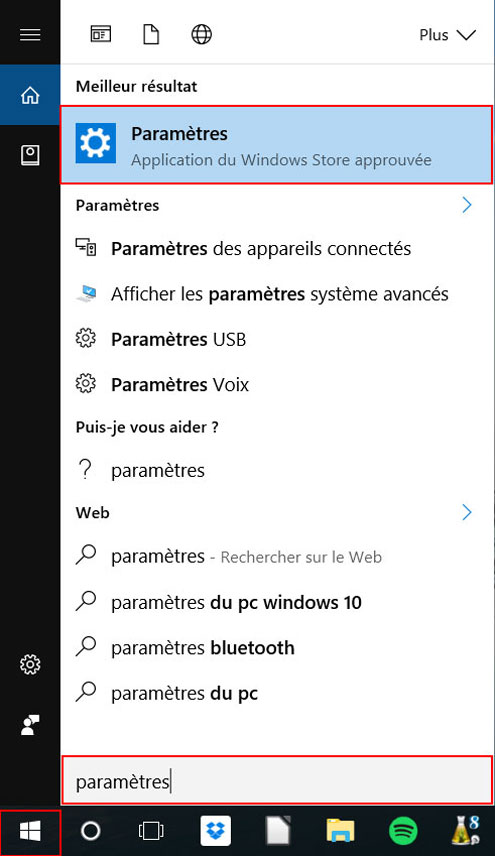 windows 10 acces parametres