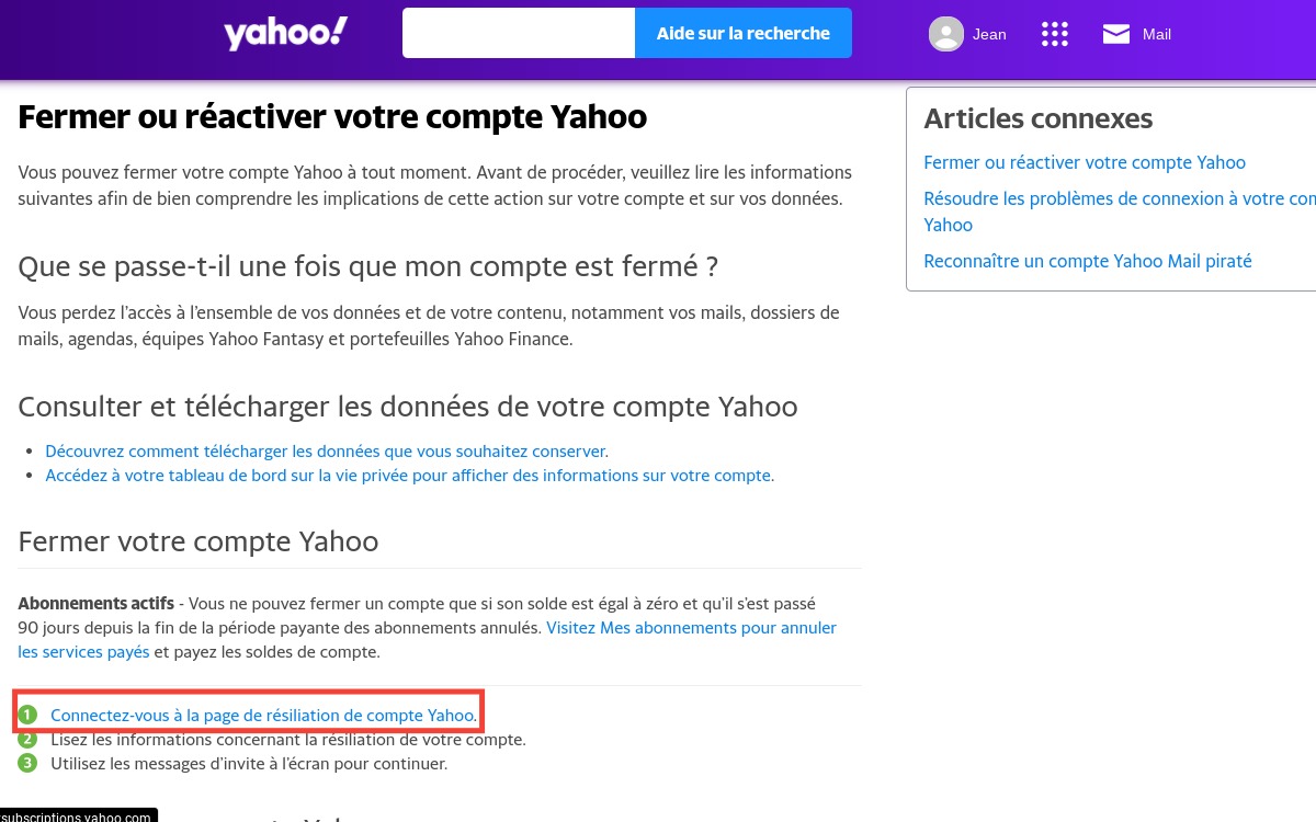 Yahoo : résiliation du compte