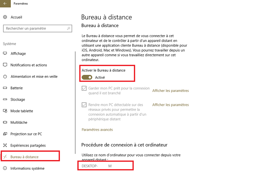 Activer bureau distance Windows 10