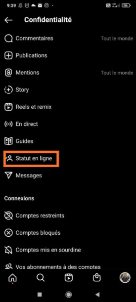Statut en ligne sur Instagram 