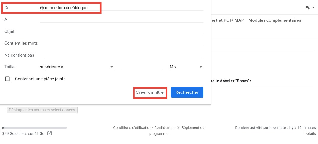 Gmail : filtre nom de domaine