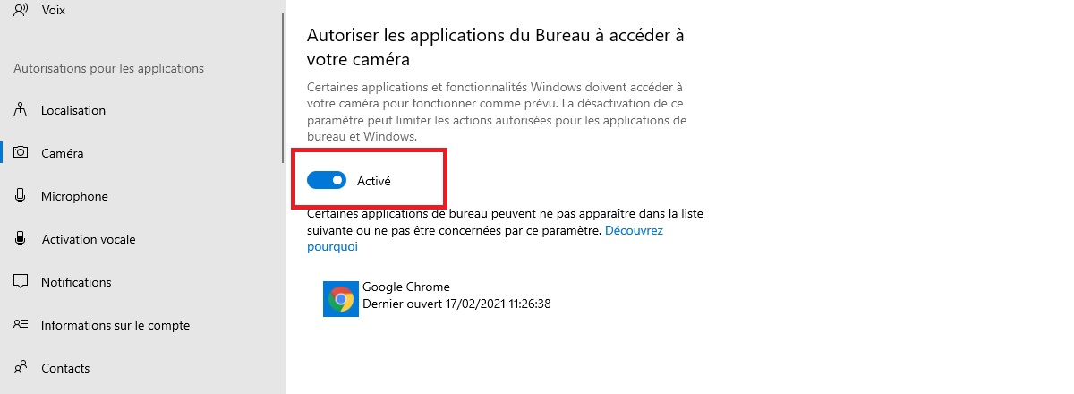 Désactiver la webcam pour les applications non universelles