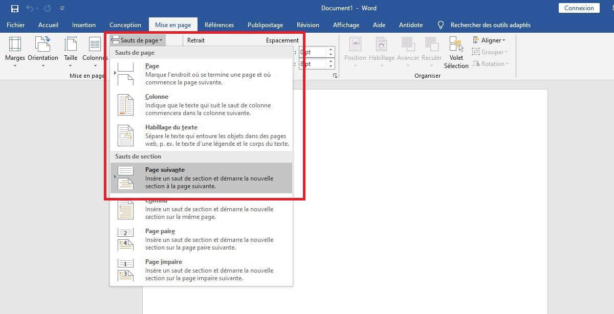 Word  comment mettre une seule page en mode paysage