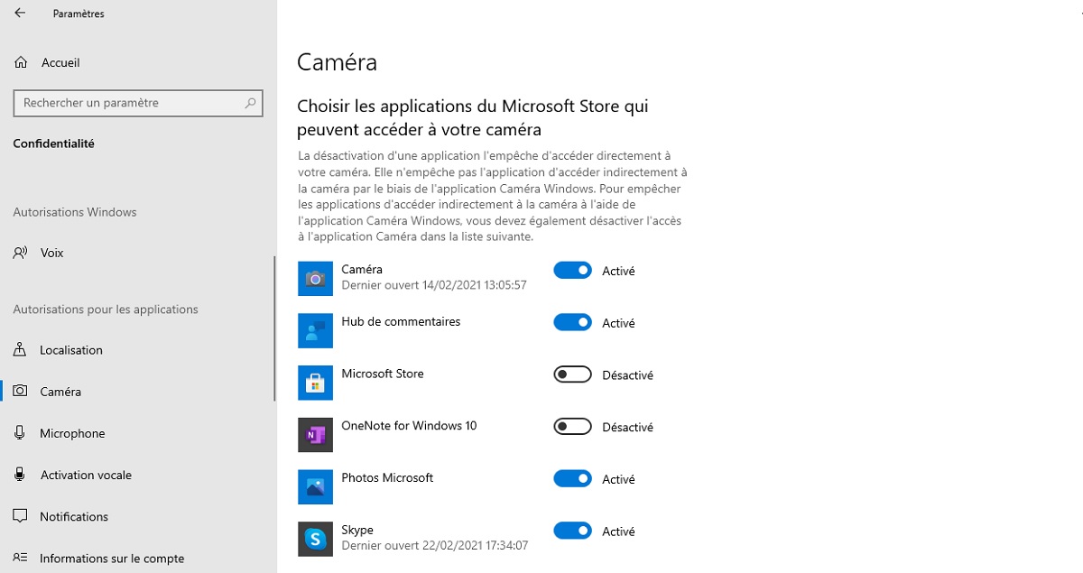 Windows 10 : désactiver l'accès à la webcam pour chaque application