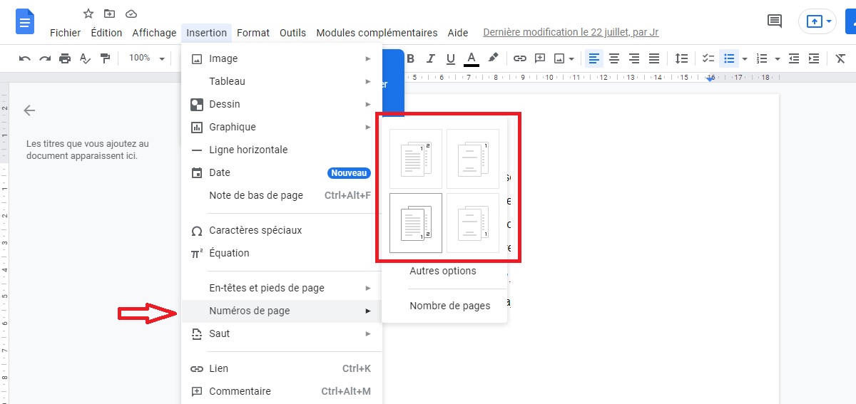 Numéro de page google docs