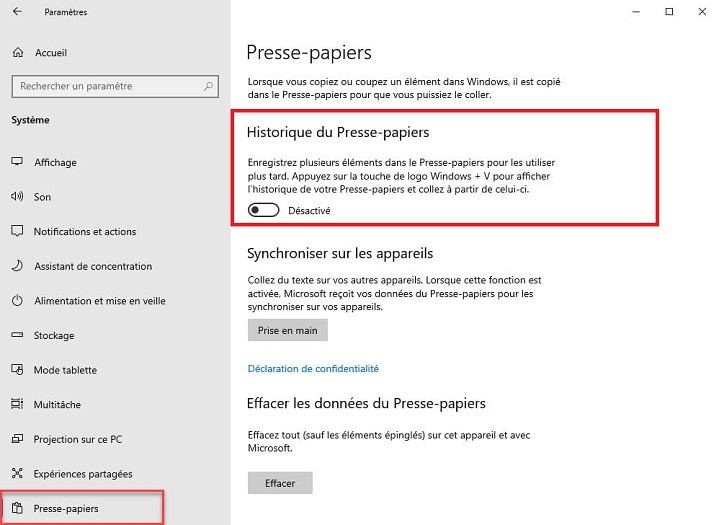 Presse-papier Windows 10