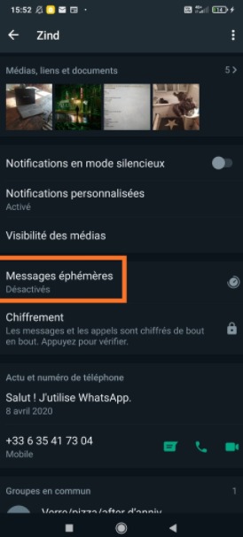 WhatsApp : activer messages éphémères