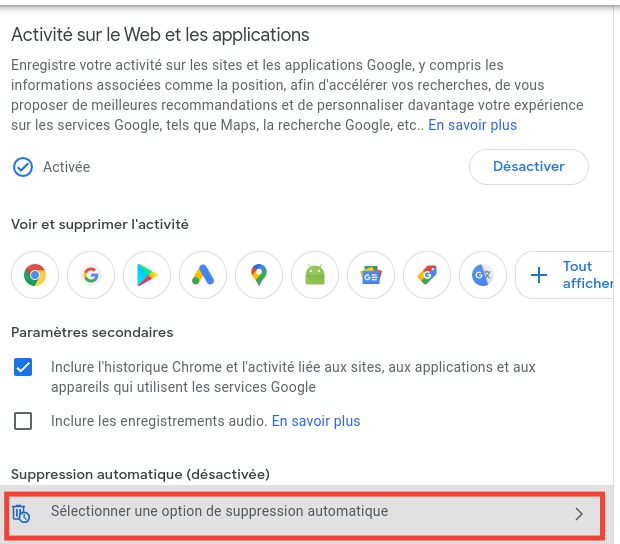 Google Chrome : supprimer activité 