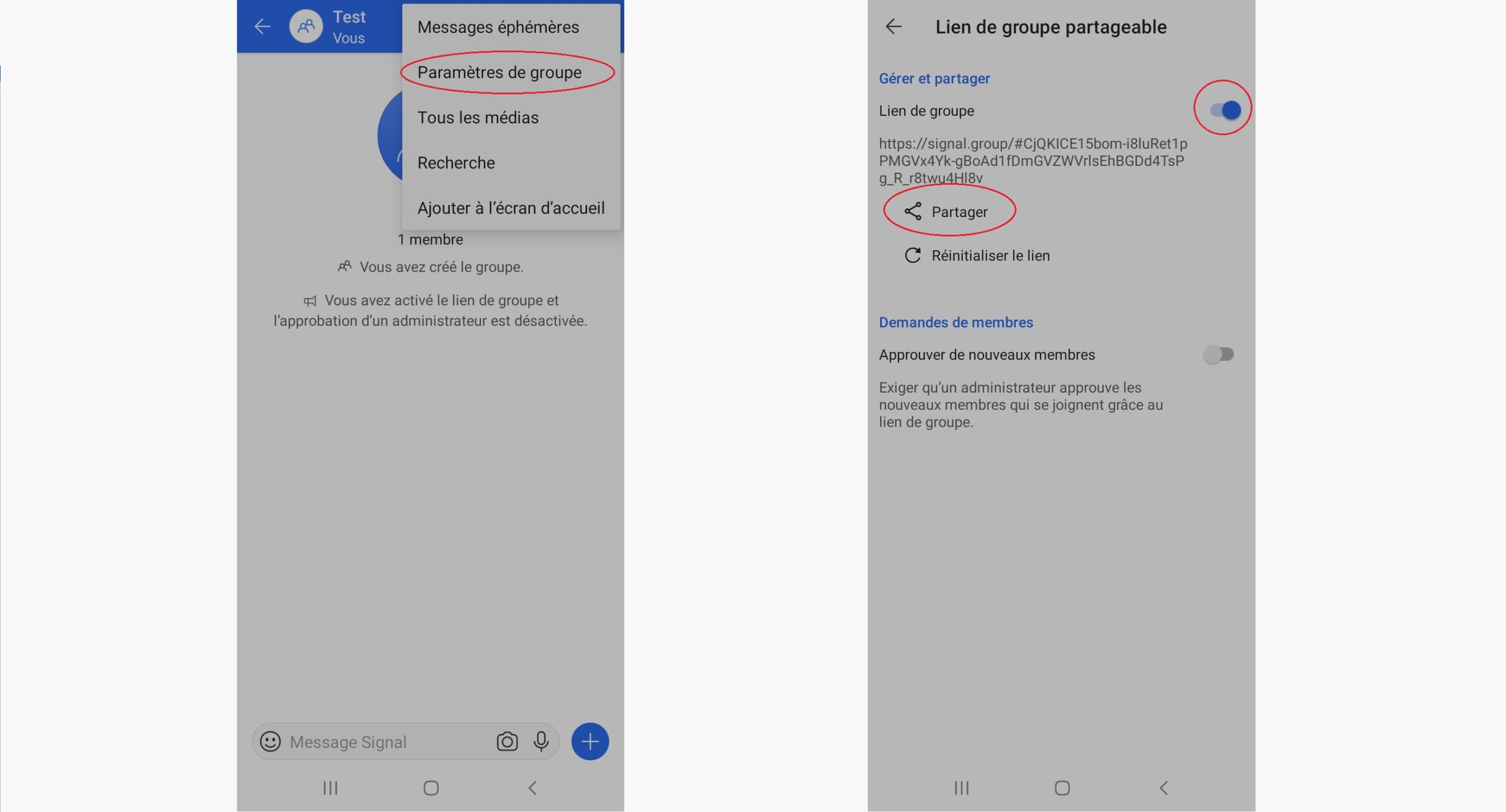 Partage de groupe Signal